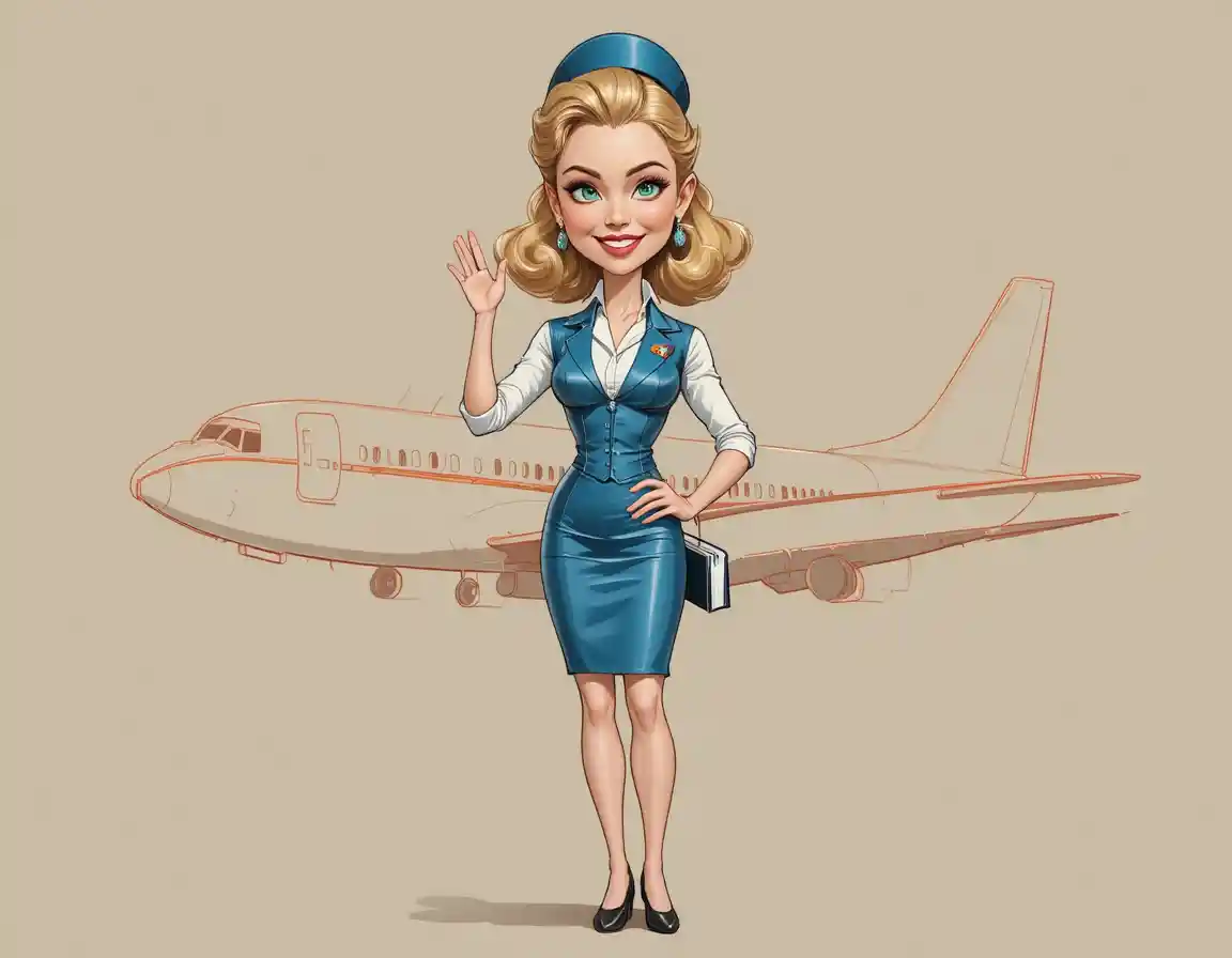 Smiling vintage flight attendant in blue uniform illustration