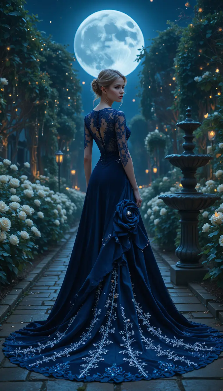 Elegant woman in moonlit gown in enchanted garden