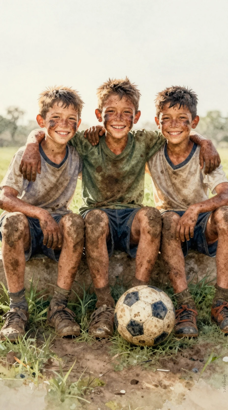 Watercolor portrait of muddy boys celebrating after soccer