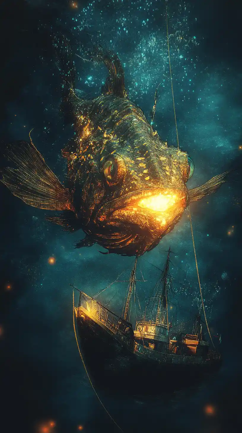 Glowing anglerfish guiding a lone ship through dark waters