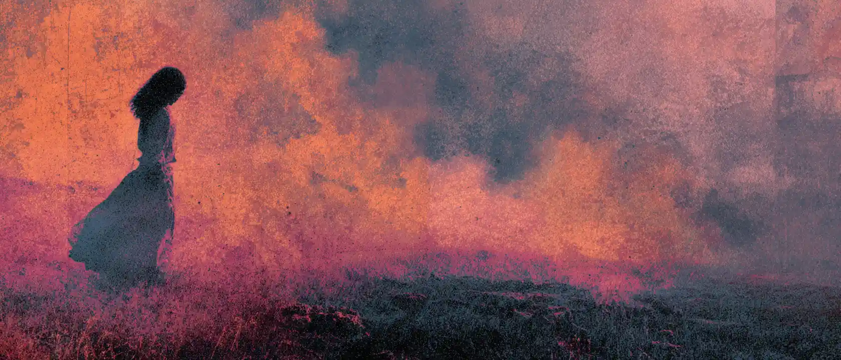 Surreal abstract scene in rich orange and indigo hues