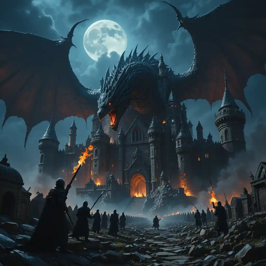 Menacing Black Dragon Attacking A Castle Under Moonlight