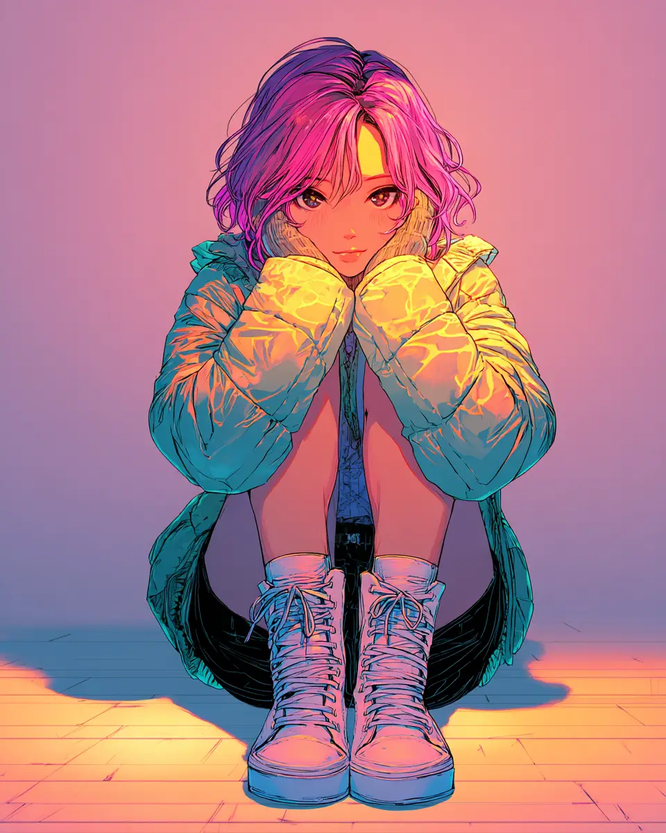 Cute anime girl in winter fashion sitting on floor
