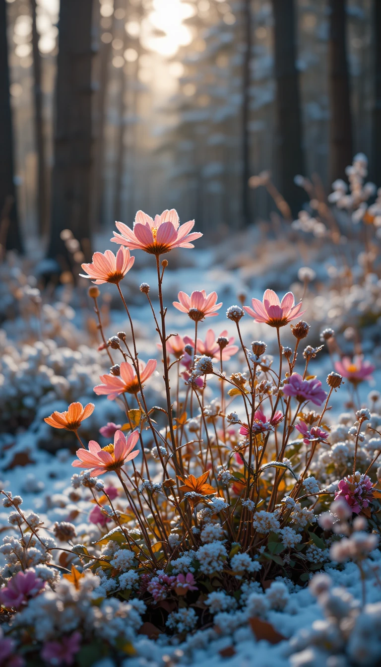 Wild forest flowers resting in snow at golden hour