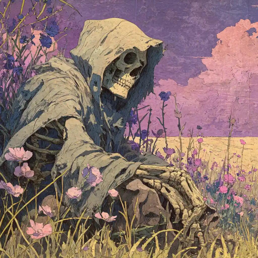 Close Up Skeleton In Tattered Robes Among Surreal Flowers