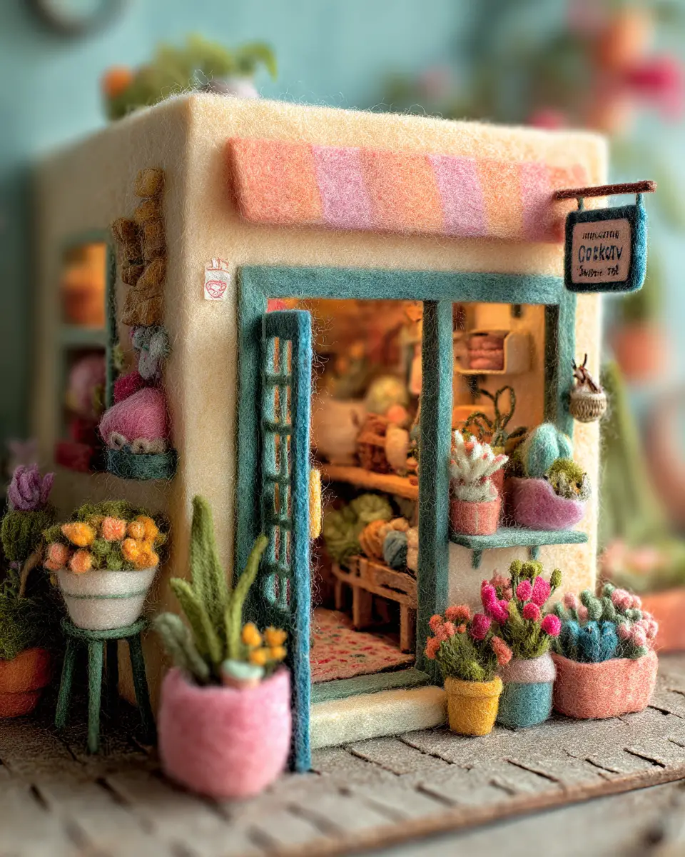 Cozy felt flower shop interior with hidden playful cats