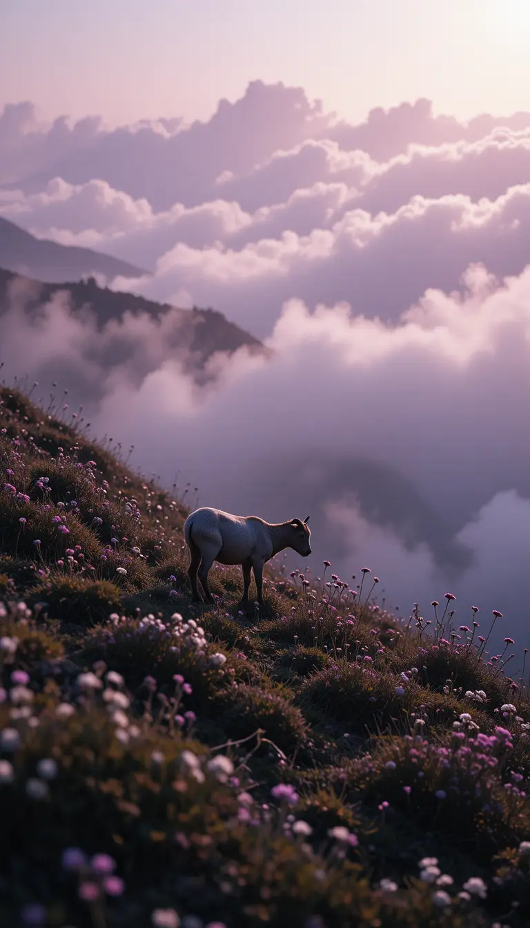 Baby goat grazing on a misty wildflower hillside