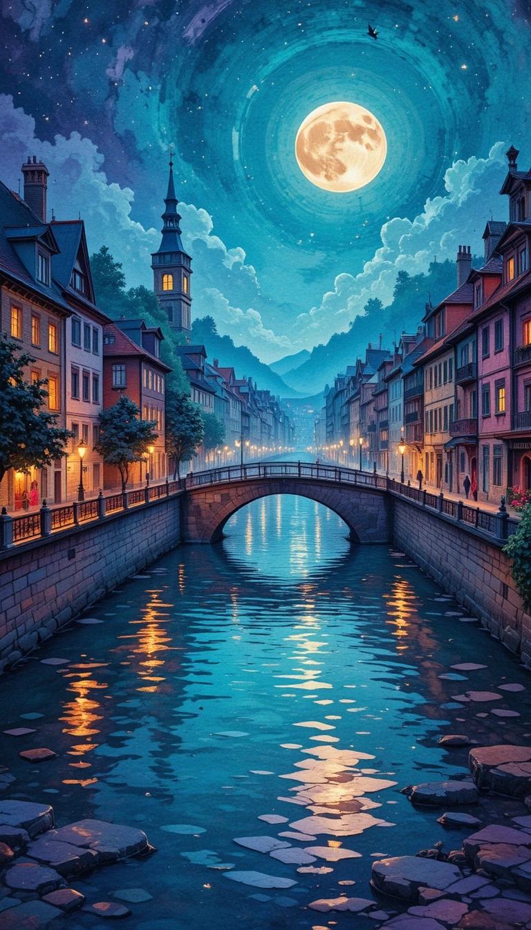 Romantic digital watercolor of an old riverside town at night