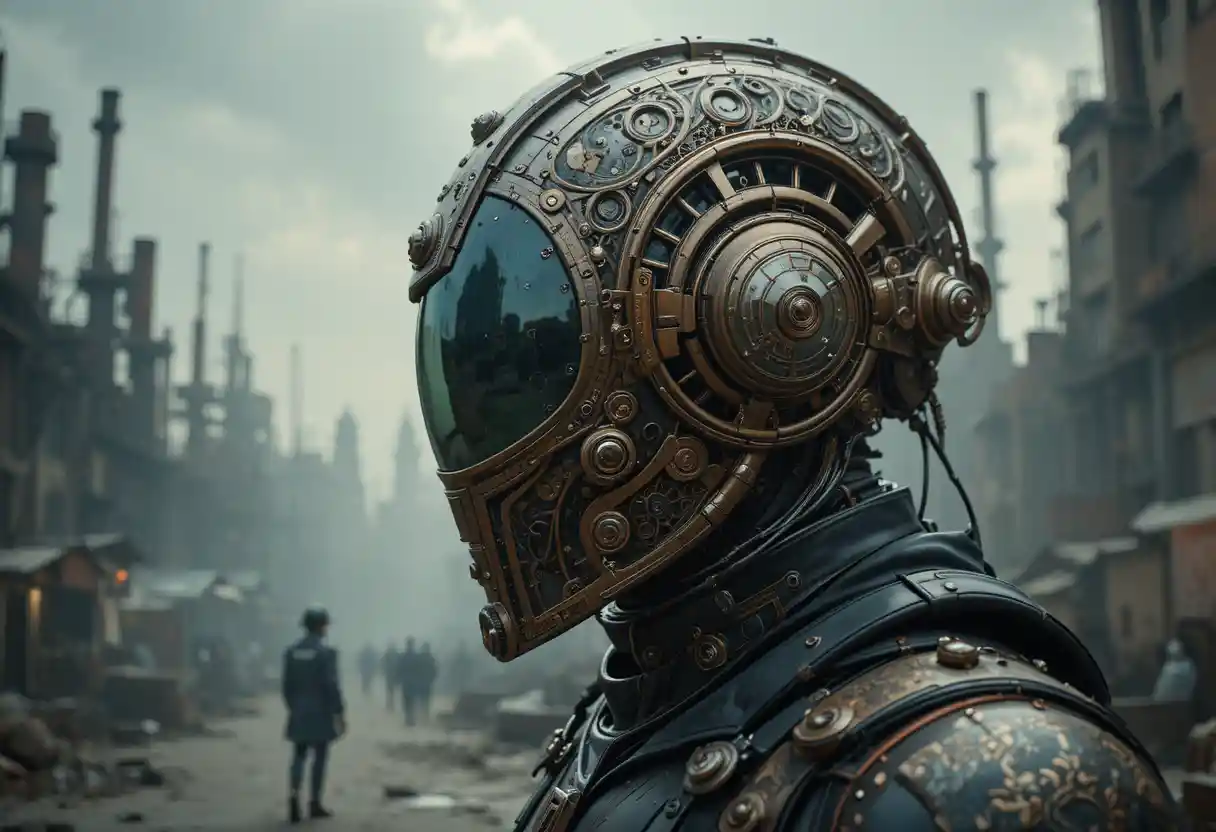 Elmo Steampunk Futuristico in Città Industriale Distopica