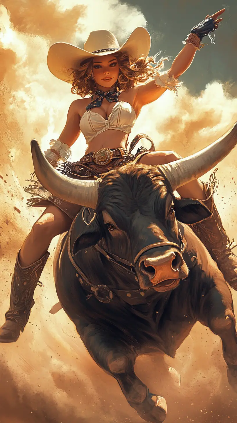 Confident cowgirl bullriding in bold retro illustration