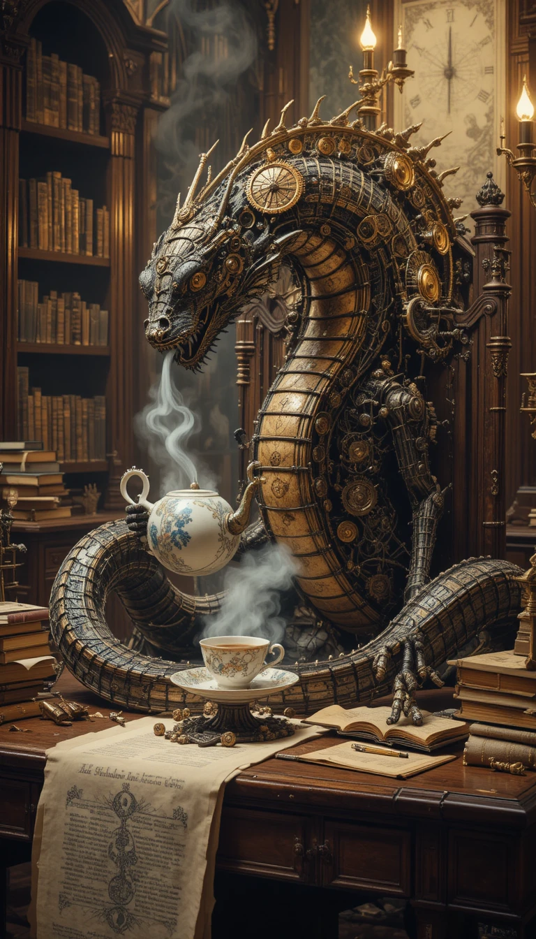 Clockwork serpent on a Victorian desk in warm gaslight