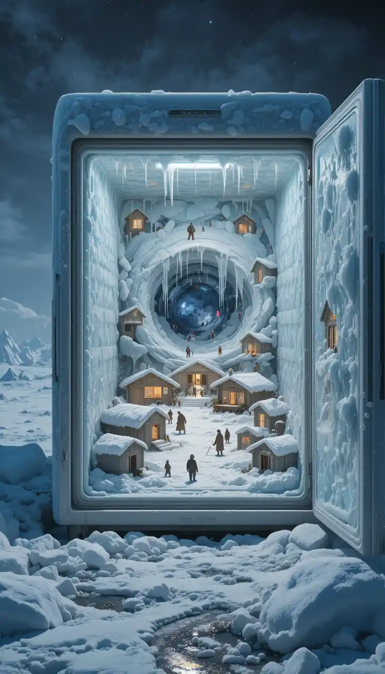 Miniature Inuit ice world inside an open freezer