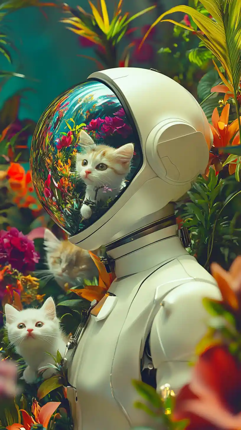鮮やかな花と子猫に囲まれた未来的なヒューマノイドロボット