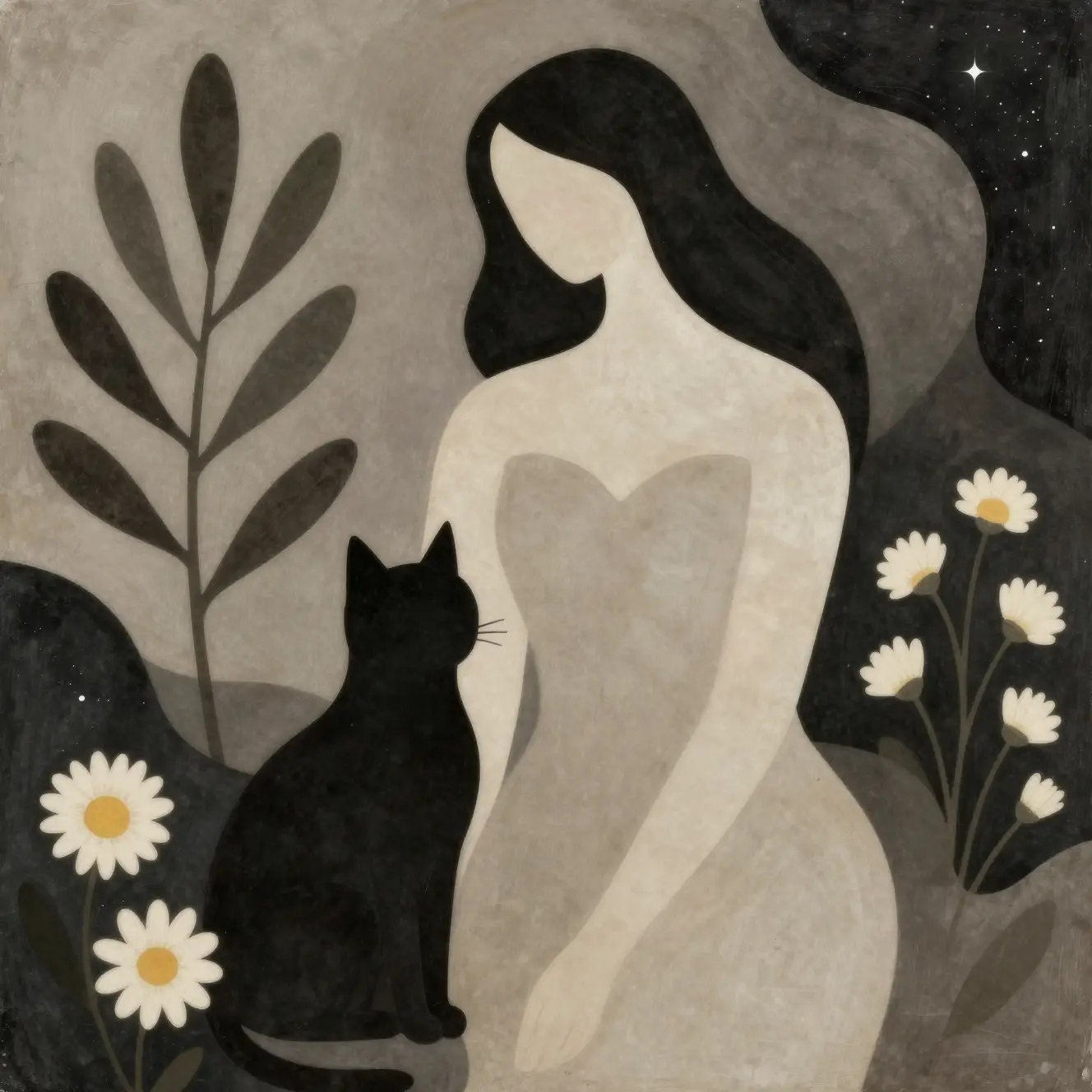 Mujer abstracta con silueta de gato en un sereno jardín estrellado