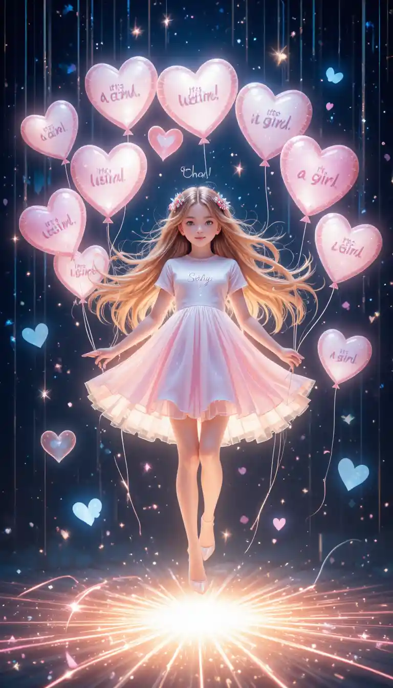 Floating girl with glowing heart balloons in magical light