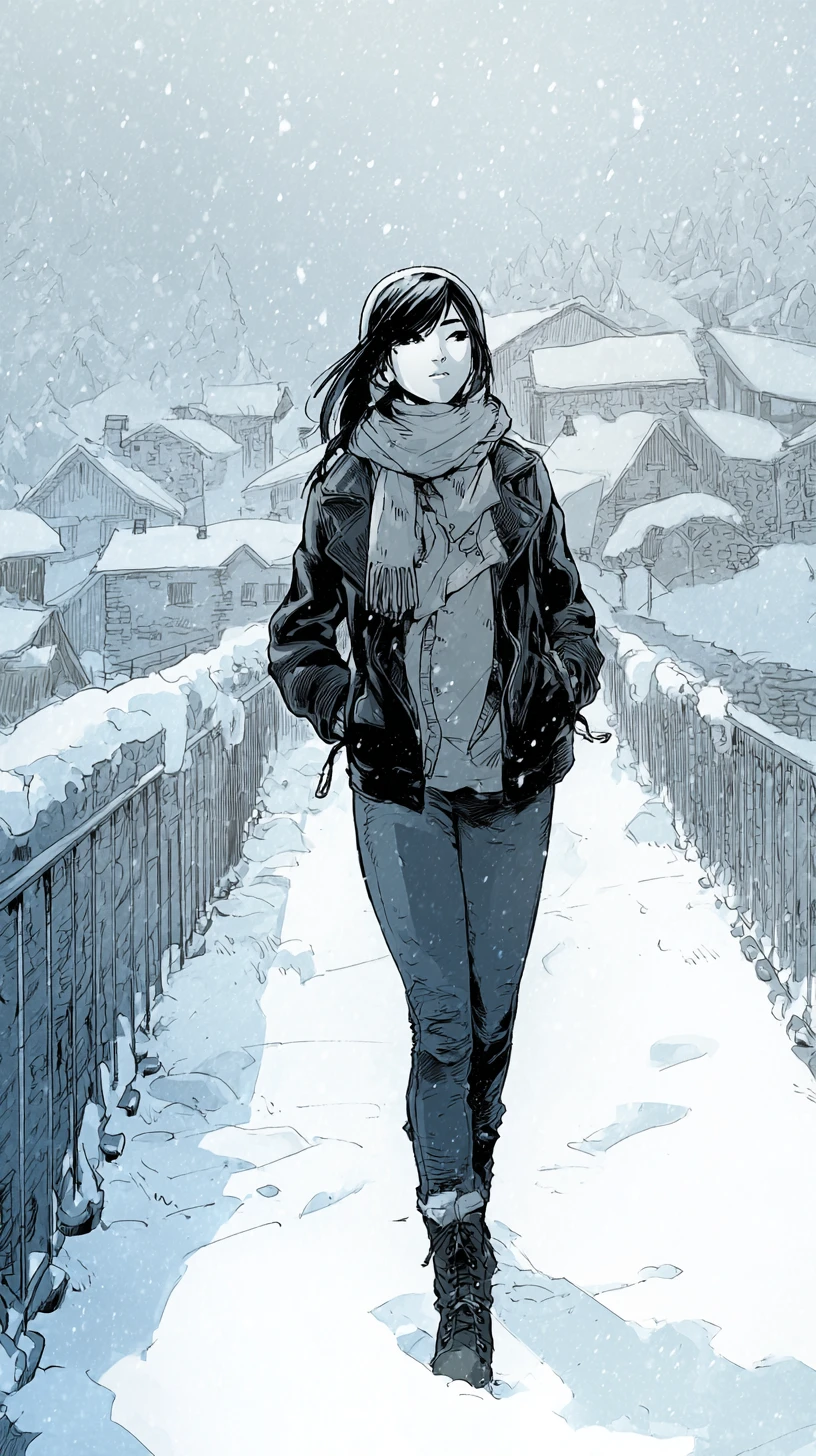 Girl walking across snowy bridge in quiet winter town