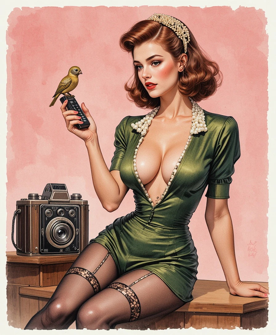 Playful redheaded pin up woman with vintage camera and bird