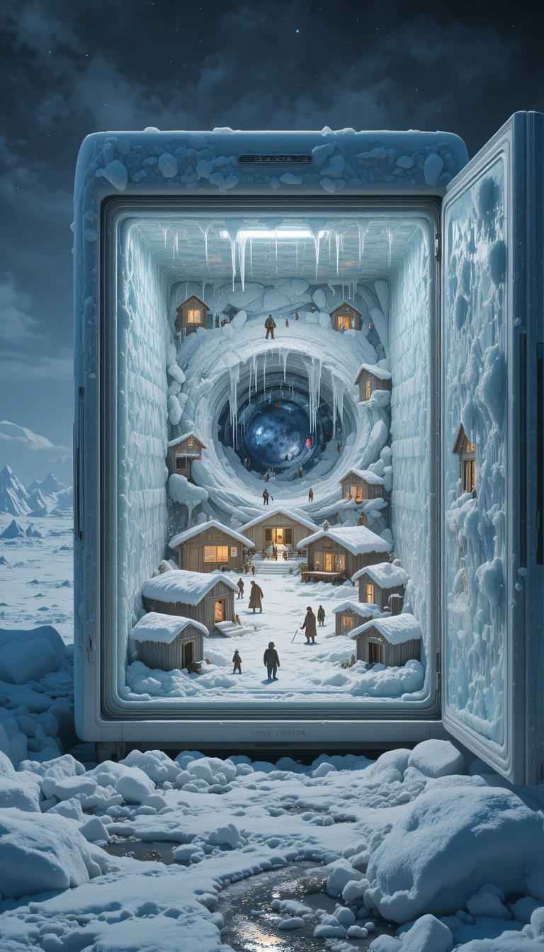 Miniatura di mondo di ghiaccio inuit dentro un freezer aperto
