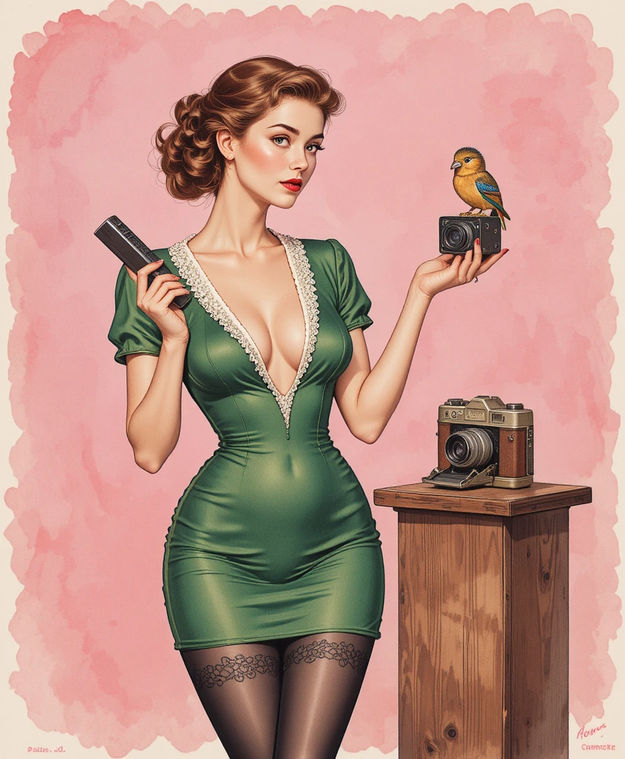 Playful vintage pin up woman with camera and wooden bird