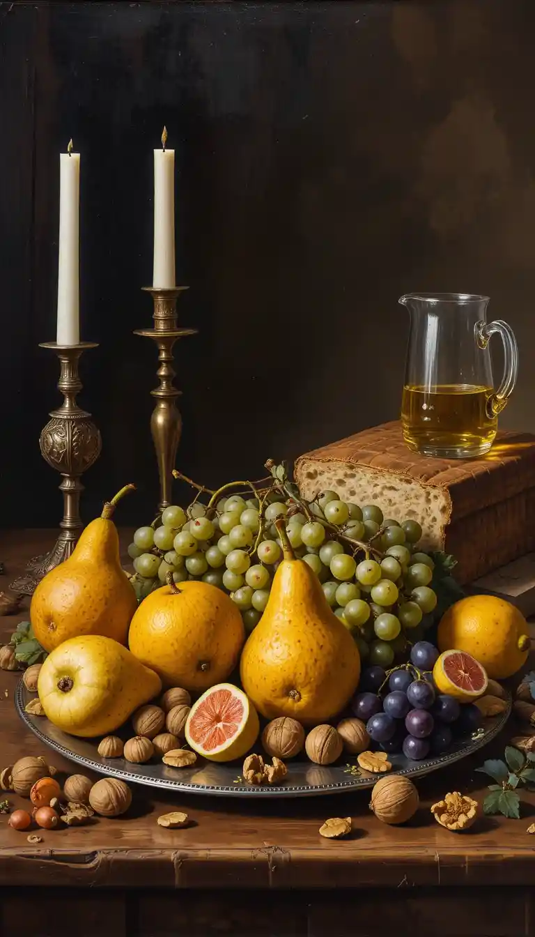 Niederländisches Stillleben mit Obst, Brot und Glas auf Holztisch