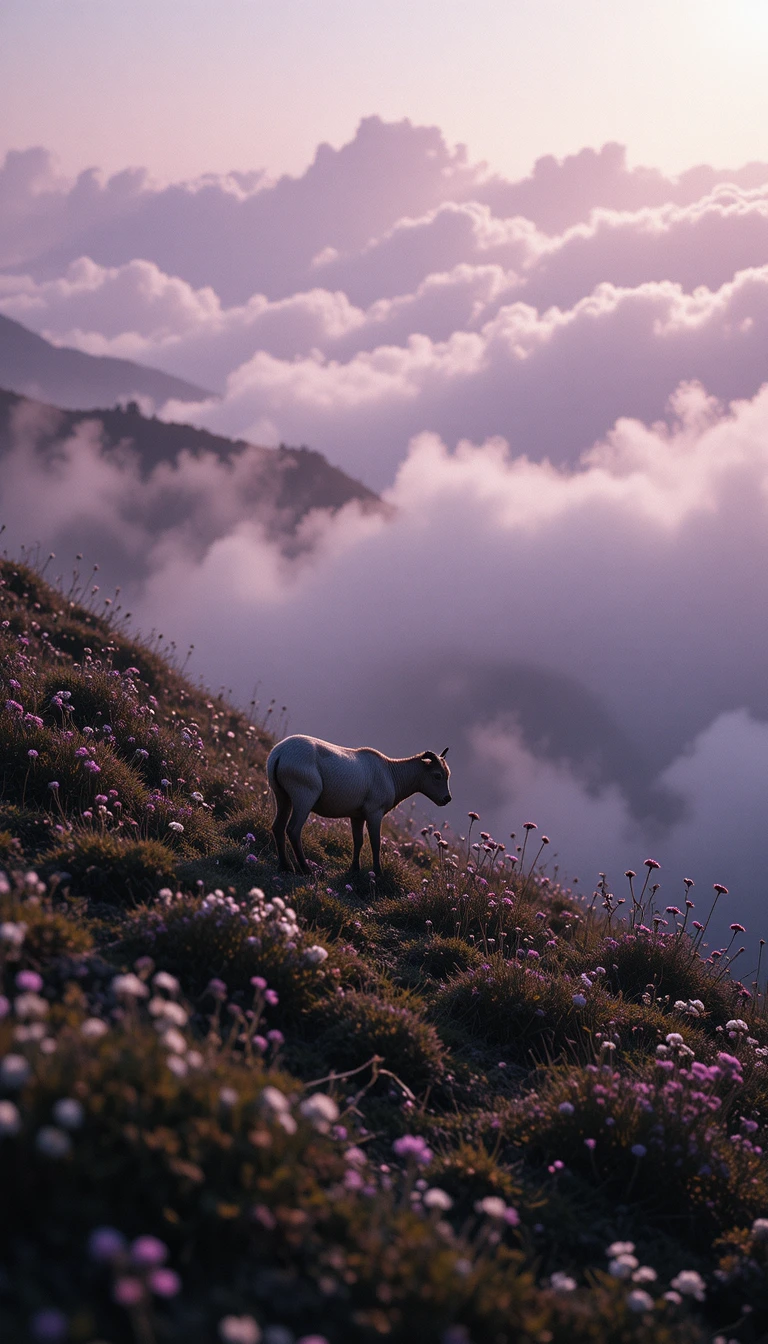 Baby goat grazing on a misty wildflower hillside