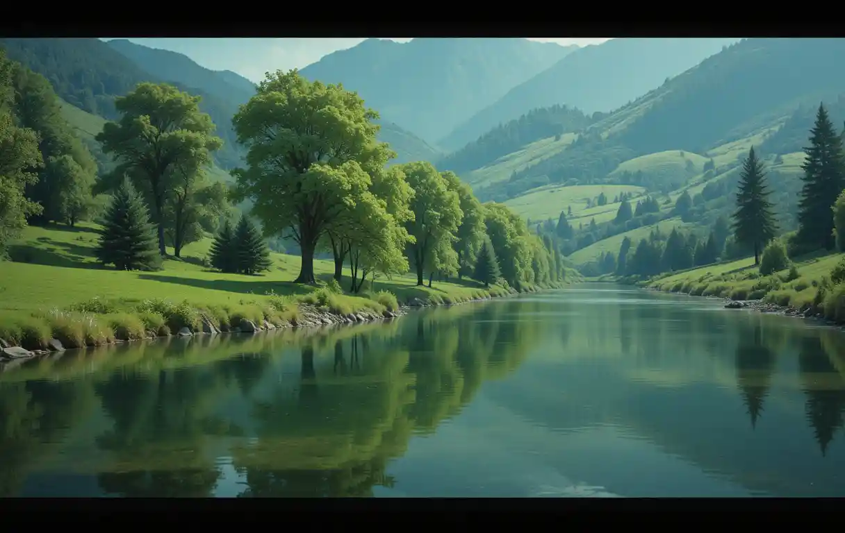 Peaceful countryside river with trees and clear reflections
