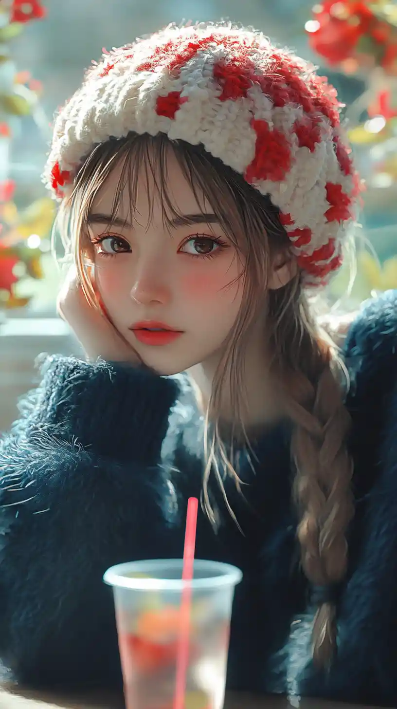Fille d’anime à la fenêtre avec bonnet en maille à fleurs