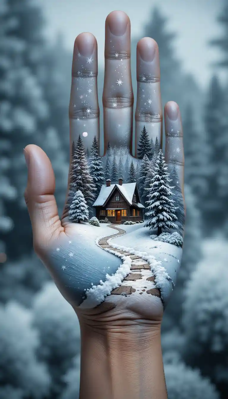 Winter landscape body art on a womans palm