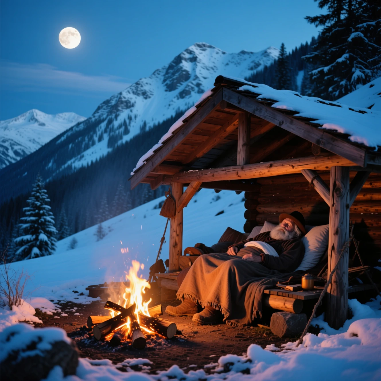 Anciano durmiendo junto a la fogata en una noche nevada de montaña