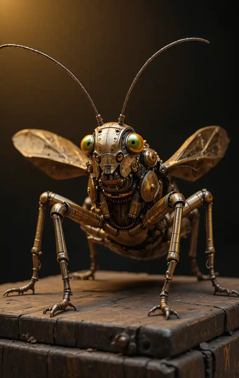 Sculpture de Grillon Mécanique Steampunk sur Socle en Bois