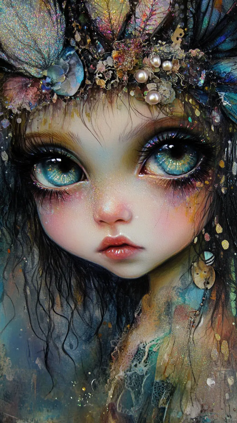 Backlit fantasy baby creature with shimmering gradient eyes