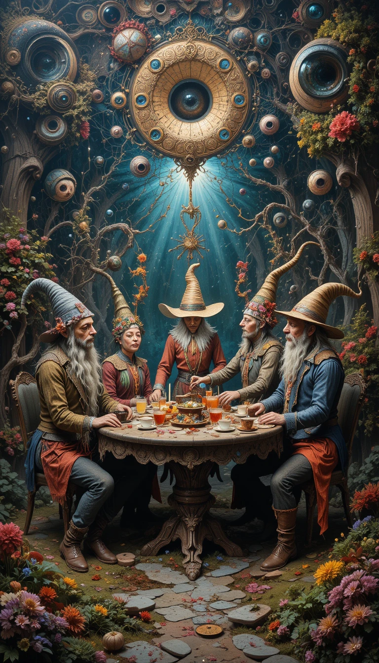 Dwarves And Scarecrows At A Surreal Wonderland Tea Party