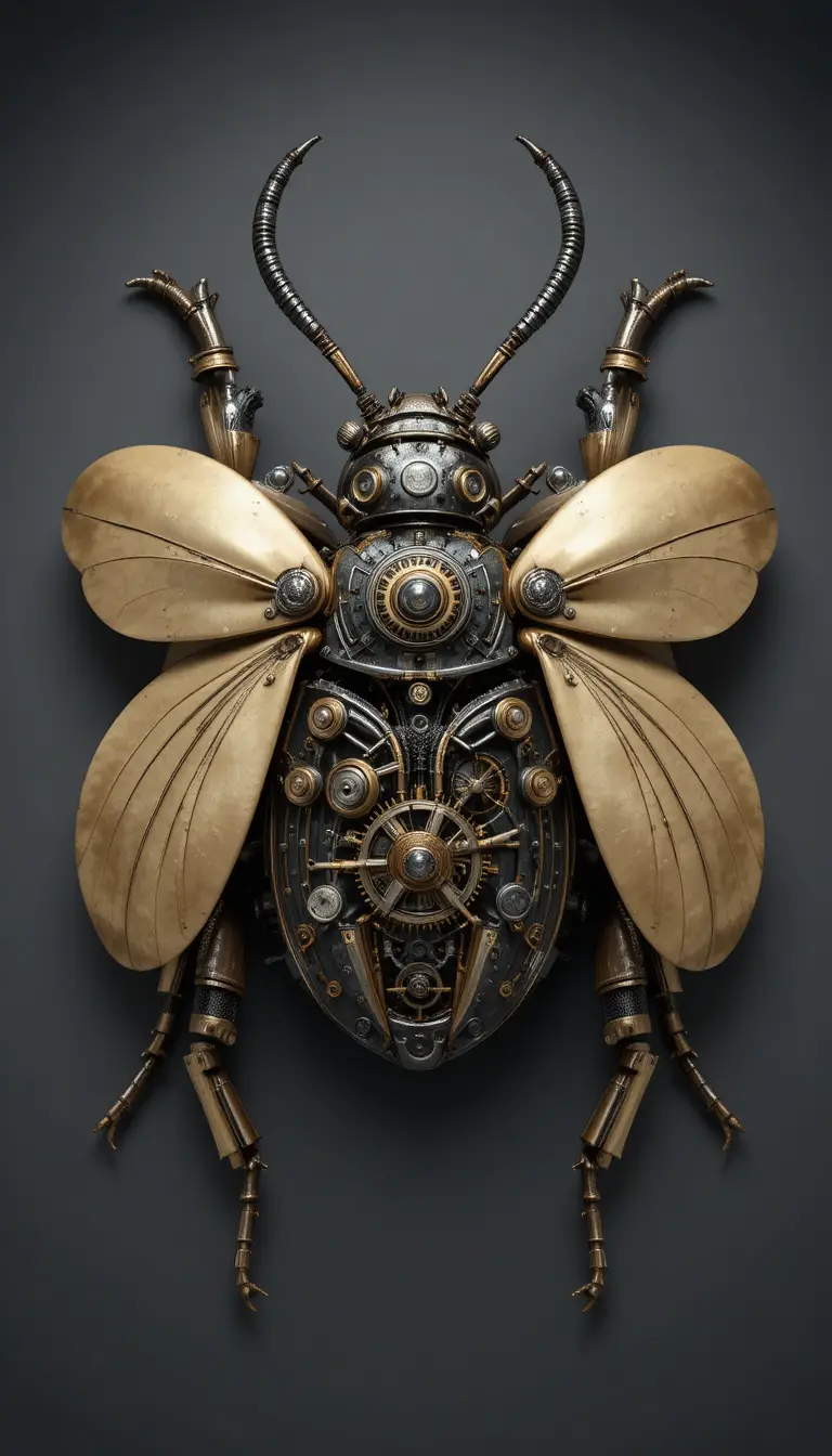 Top down view of a steampunk mechanical beetle sculpture