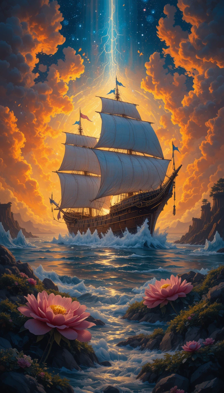 Antiche navi solcano un mare fantasy oscuro al tramonto