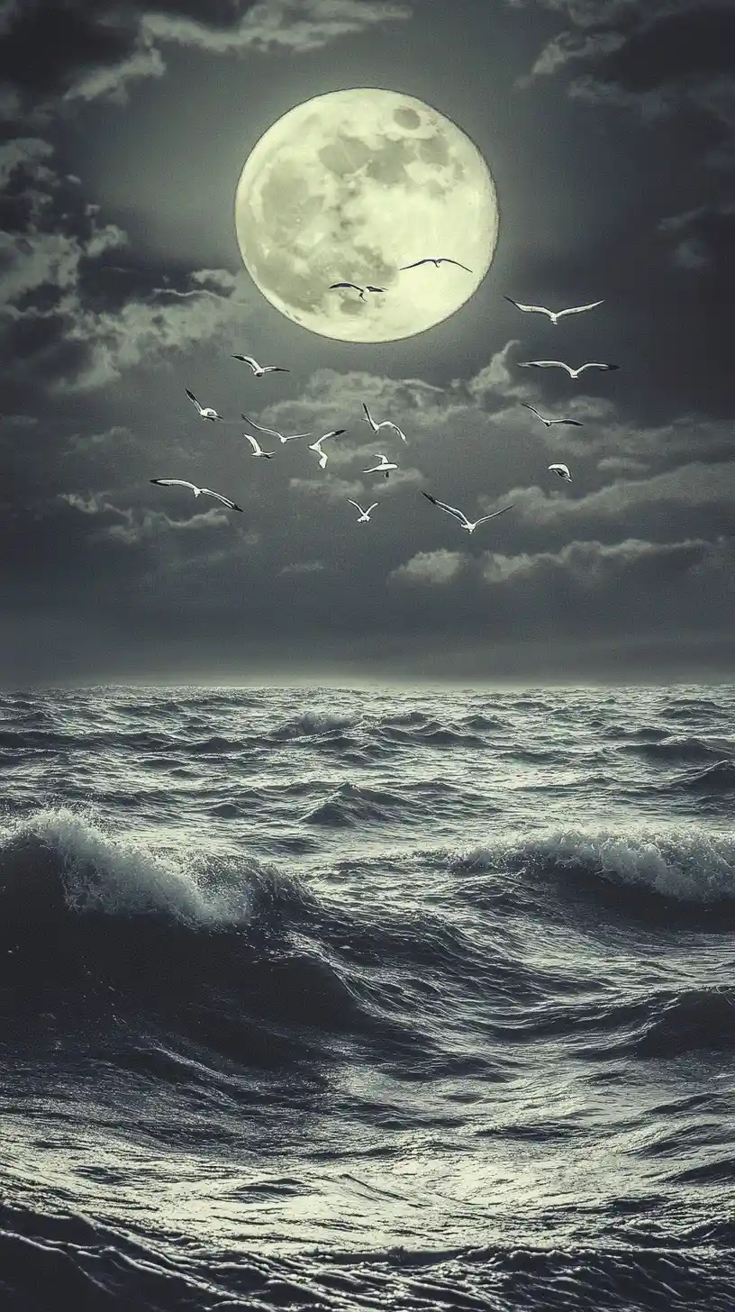 Blasser Mond über dem fernen Meeres­horizont