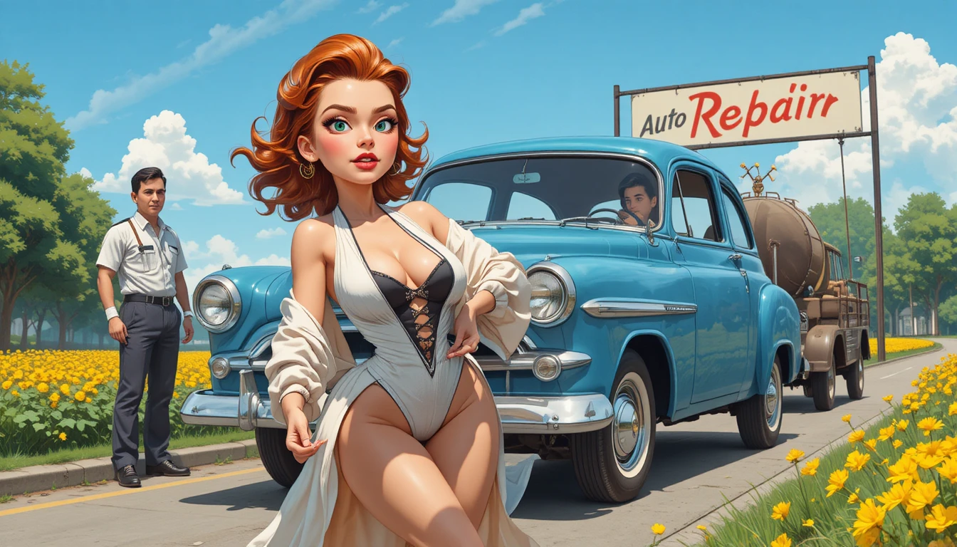 Pin up redhead woman by blue car on sunny roadside