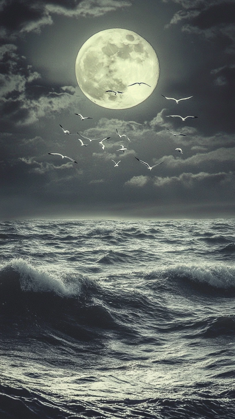 Blasser Mond über dem fernen Meeres­horizont