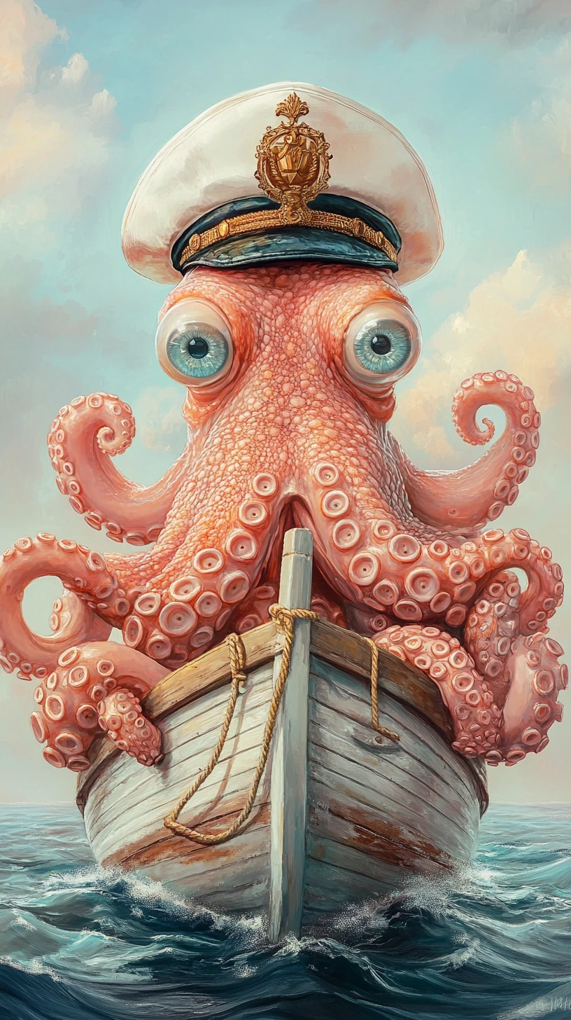 Oktopus-Kapitän steuert ein kleines Boot auf ruhiger See