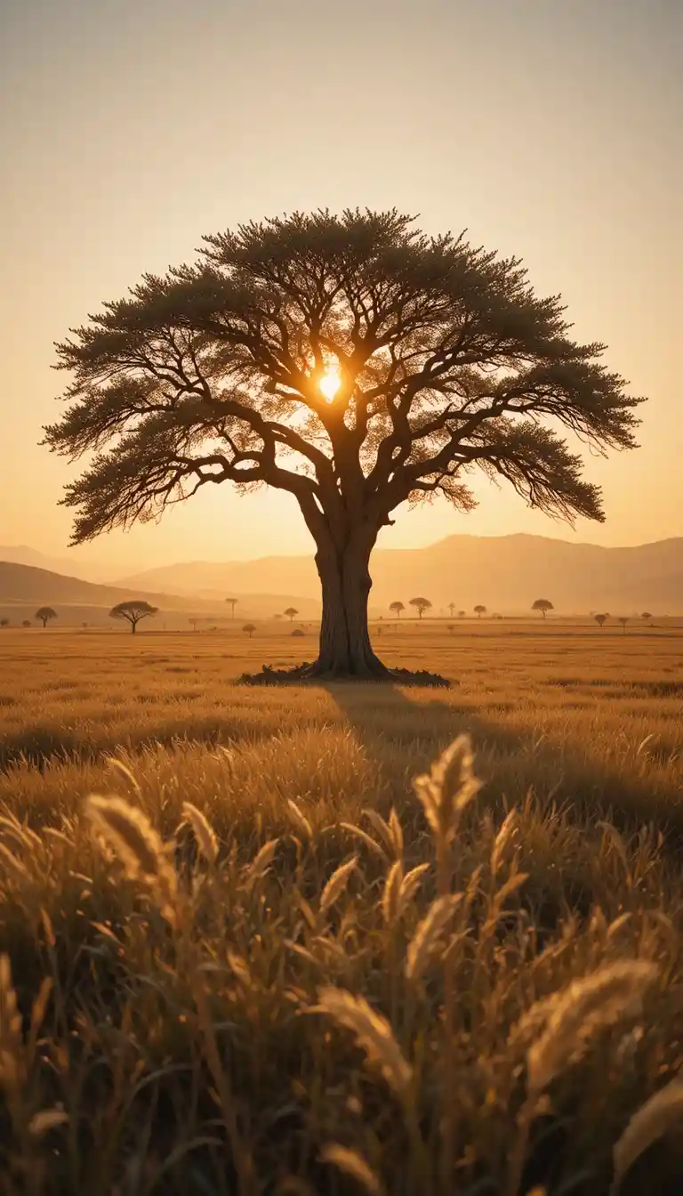Lonely Oak Tree In Golden Light Over Vast Savannah
