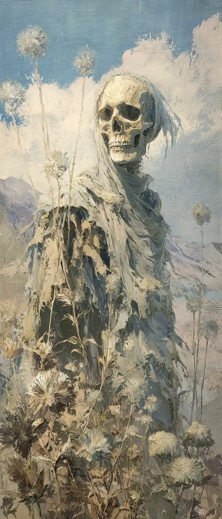 Retrato en primer plano de un esqueleto angustiado con túnicas andrajosas