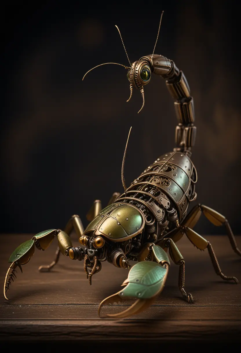 Mechanical steampunk cricket sculpture on wooden display base
