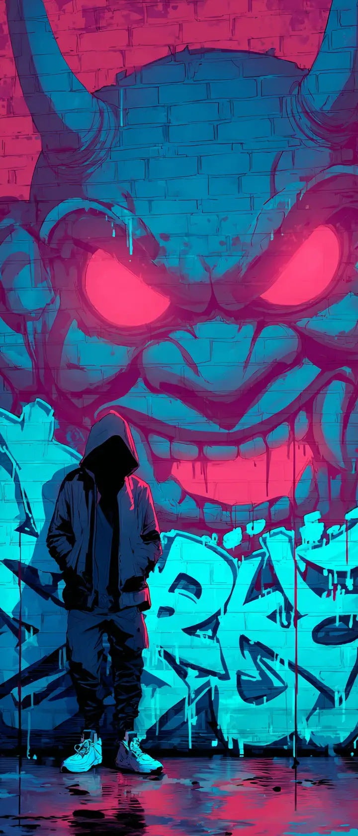 Hooded street artist with neon oni graffiti at night
