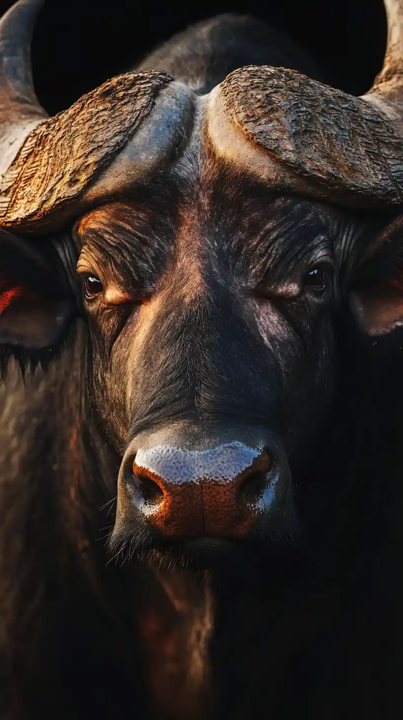 Intense Water Buffalo Portrait With Dramatic Curved Horns