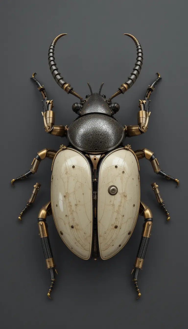 Steampunk Mechanical Beetle Sculpture In Symmetrical Top View