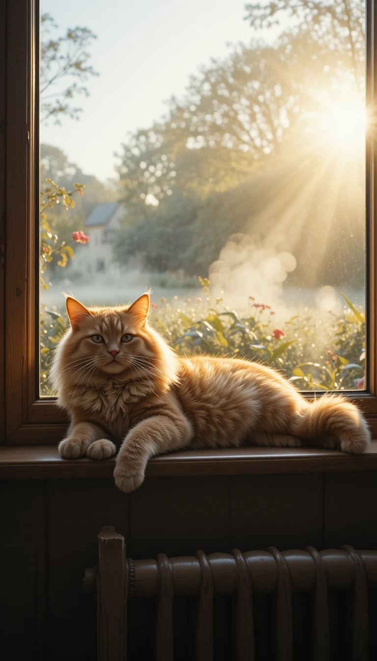 Ginger cat stretching on a sunlit morning windowsill