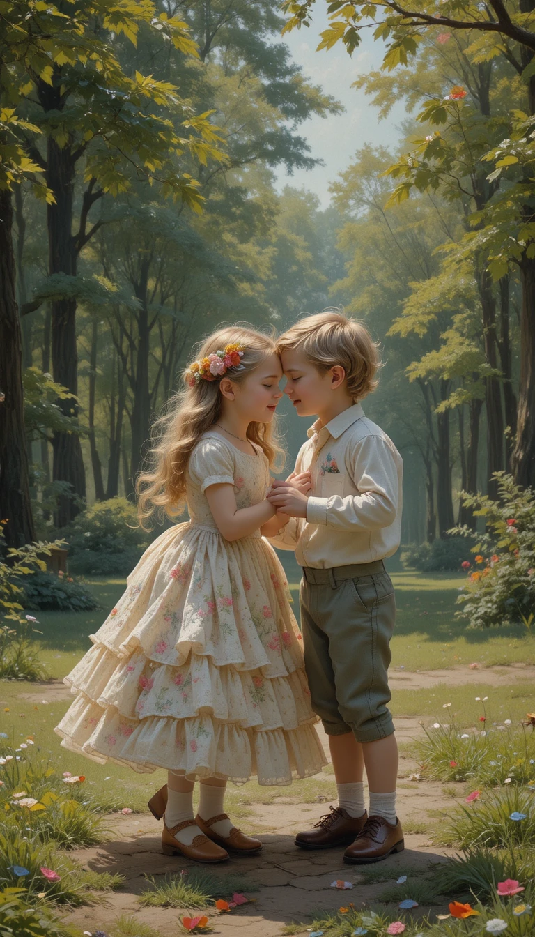 Young girl and boy in love playing in a park