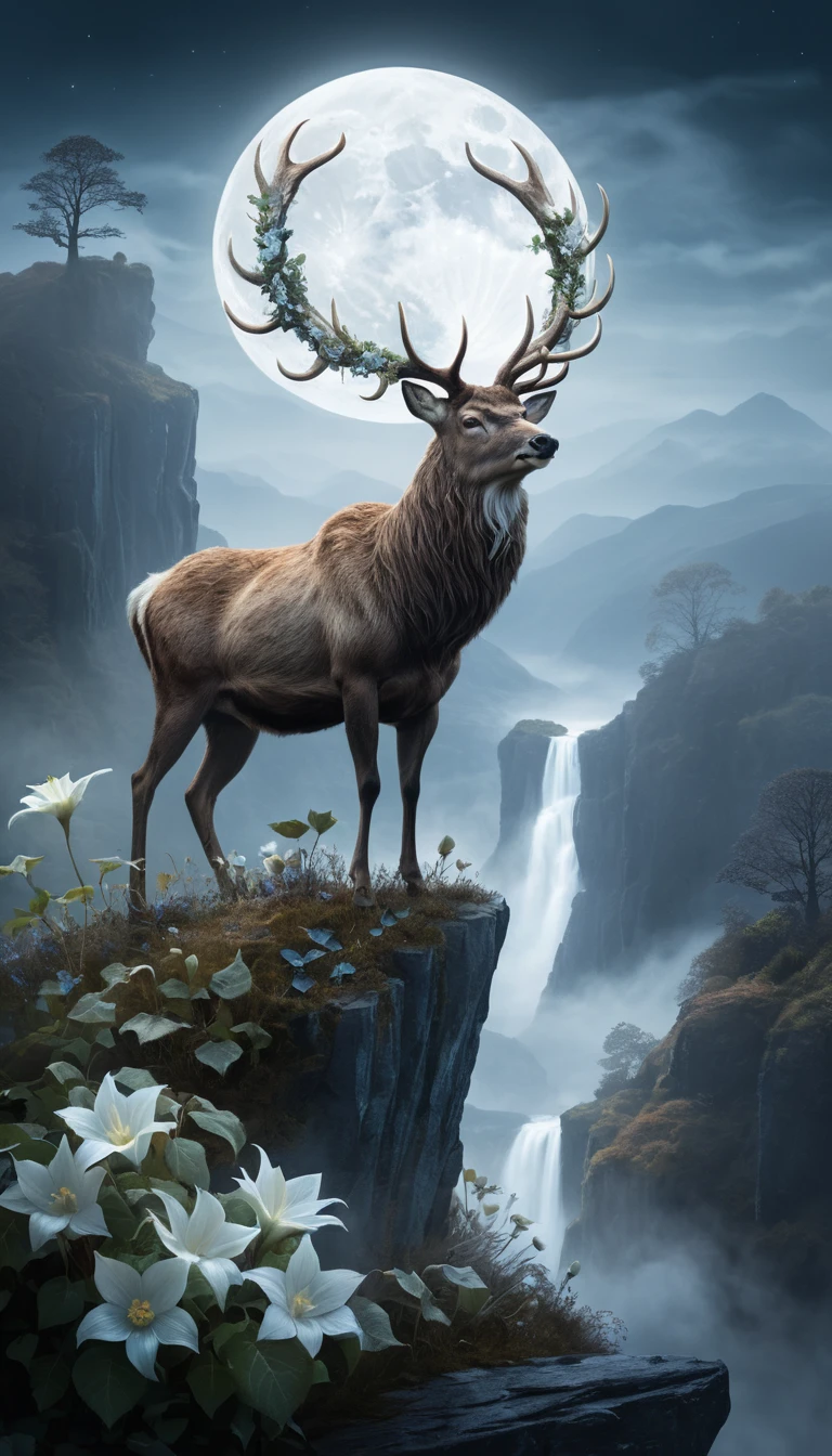 Majestic stag crowned with flowers on a misty cliff