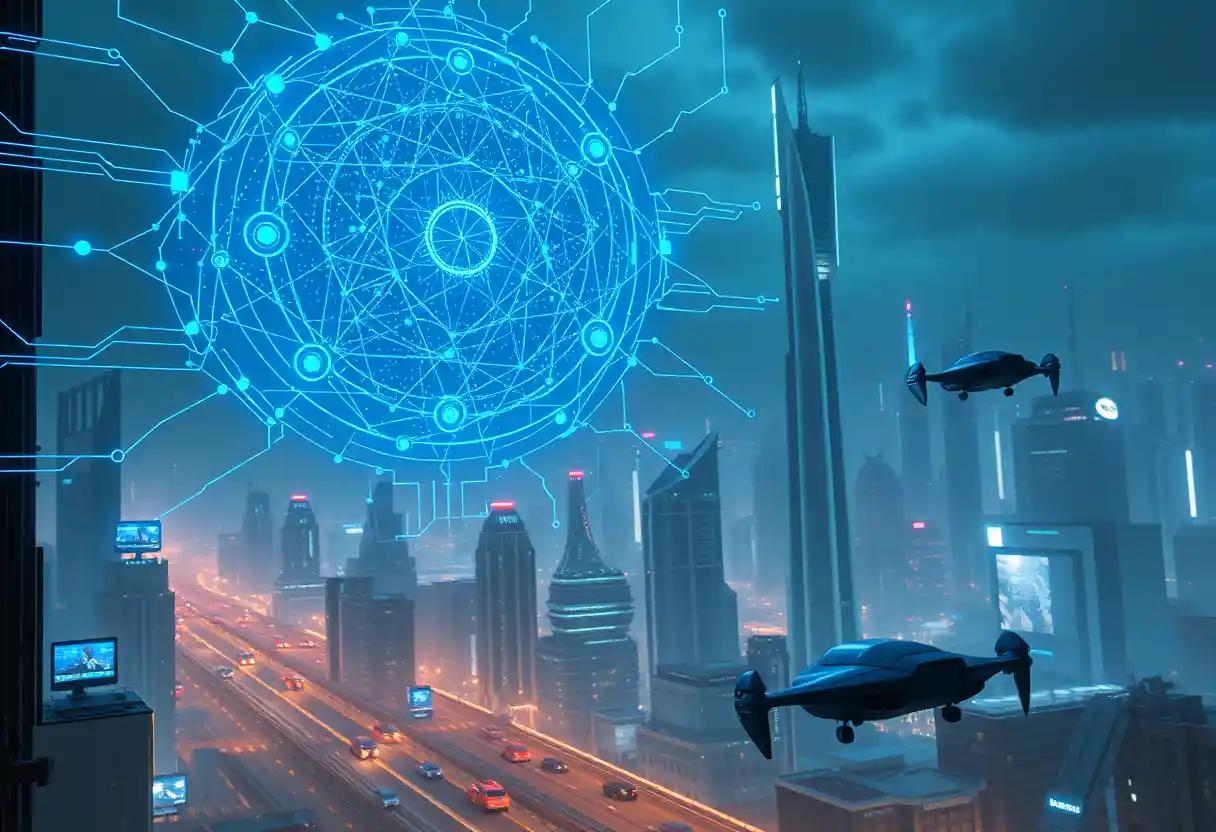 Futuristic ai core with blue neural network interface