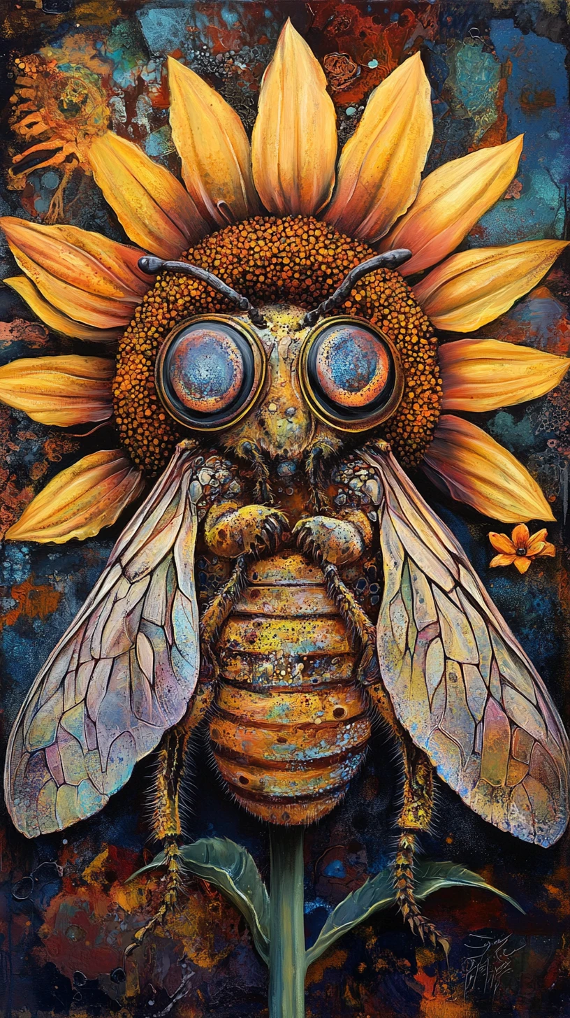 Abeja surreal sobre girasol en un vibrante sueño de medios mixtos