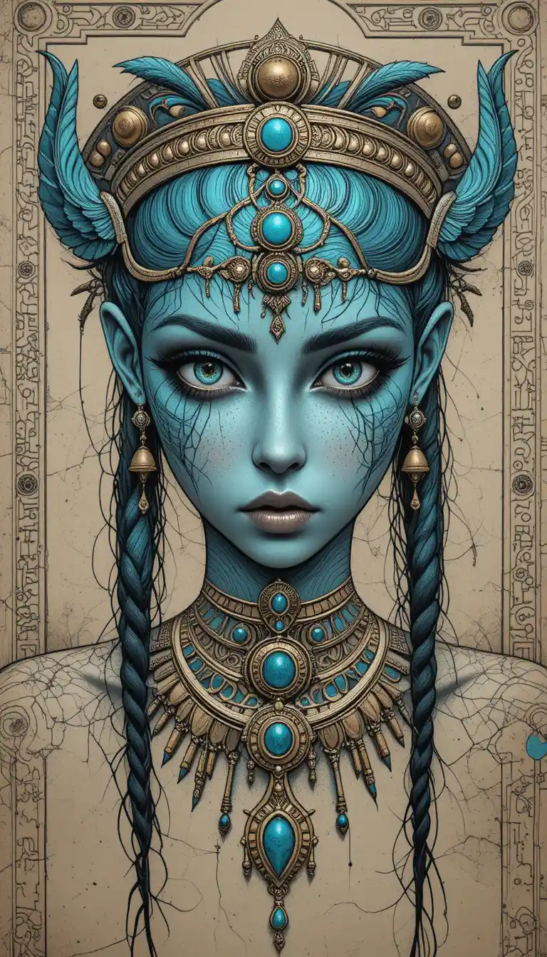Mystical cybernetic Egyptian goddess portrait with golden adornments
